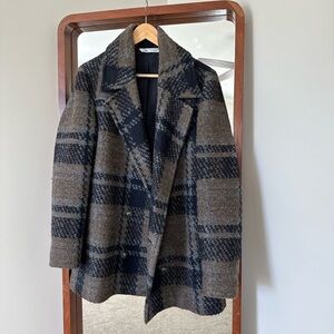 Zara Textured Plaid Double Breasted Overcoat